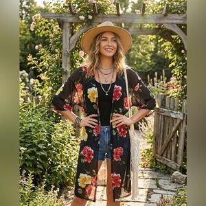 Floral Black Kimono